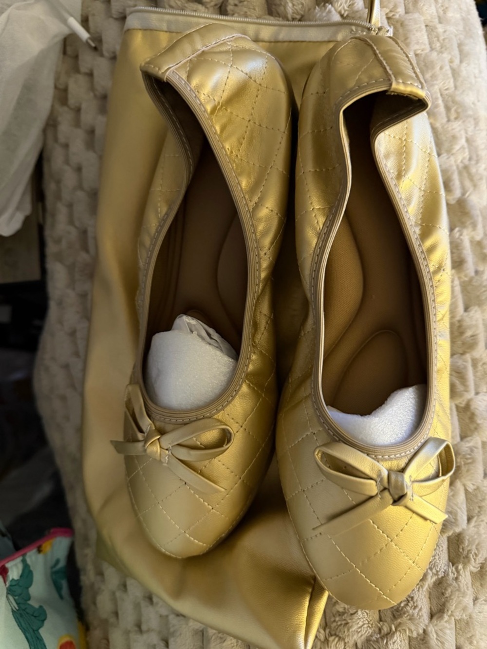 Quilted Metallic Gold Ballet Flats with Bow Accent